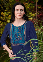 Thumbnail for Monjolika Fashion Navy Blue Cotton Embroidered Party Wear Kurti