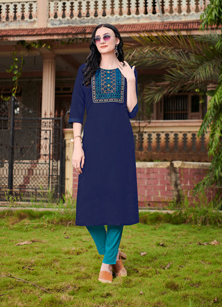 Monjolika Fashion Navy Blue Cotton Embroidered Party Wear Kurti