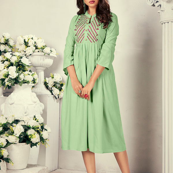 Monjolika Fashion Fancy Festive Wear Pista Green Color Rayon Fabric Thread Embroidered Kurti - Distacart