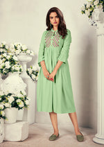 Thumbnail for Monjolika Fashion Fancy Festive Wear Pista Green Color Rayon Fabric Thread Embroidered Kurti