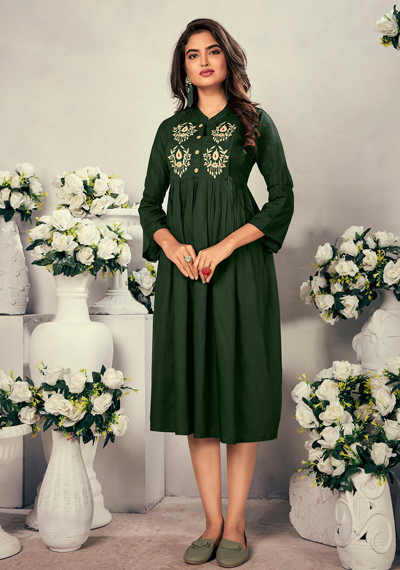 Monjolika Fashion Fancy Festive Wear Bottle Green Color Rayon Fabric Thread Embroidered Kurti