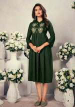 Thumbnail for Monjolika Fashion Fancy Festive Wear Bottle Green Color Rayon Fabric Thread Embroidered Kurti