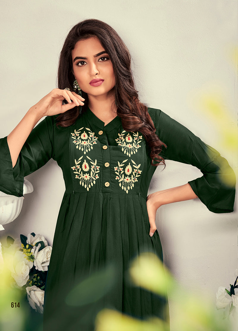 Monjolika Fashion Fancy Festive Wear Bottle Green Color Rayon Fabric Thread Embroidered Kurti