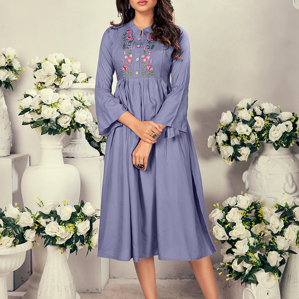 Monjolika Fashion Fancy Festive Wear Lavender Color Rayon Fabric Thread Embroidered Kurti - Distacart