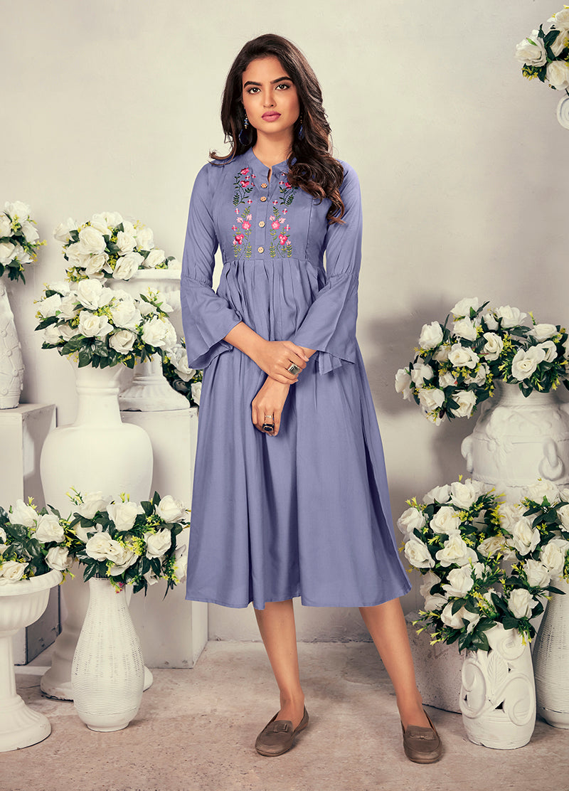 Monjolika Fashion Fancy Festive Wear Lavender Color Rayon Fabric Thread Embroidered Kurti