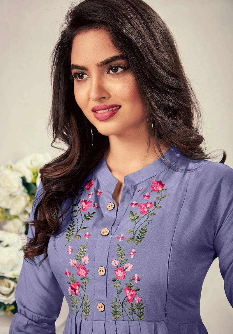 Monjolika Fashion Fancy Festive Wear Lavender Color Rayon Fabric Thread Embroidered Kurti