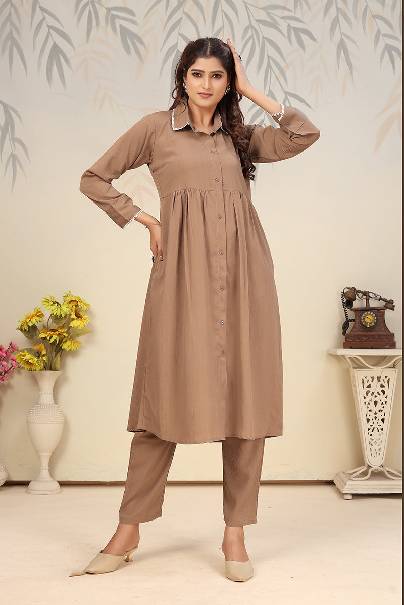 Monjolika Fashion Brown Cotton Solid Festival Casual Kurti