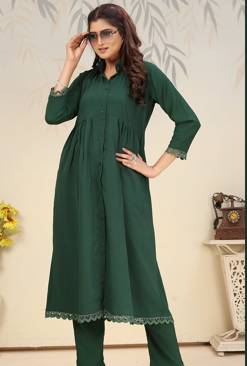 Monjolika Fashion Bottle Green Cotton Solid Festival Casual Kurti