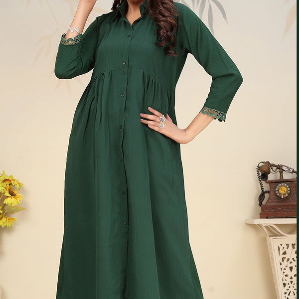 Monjolika Fashion Bottle Green Cotton Solid Festival Casual Kurti - Distacart