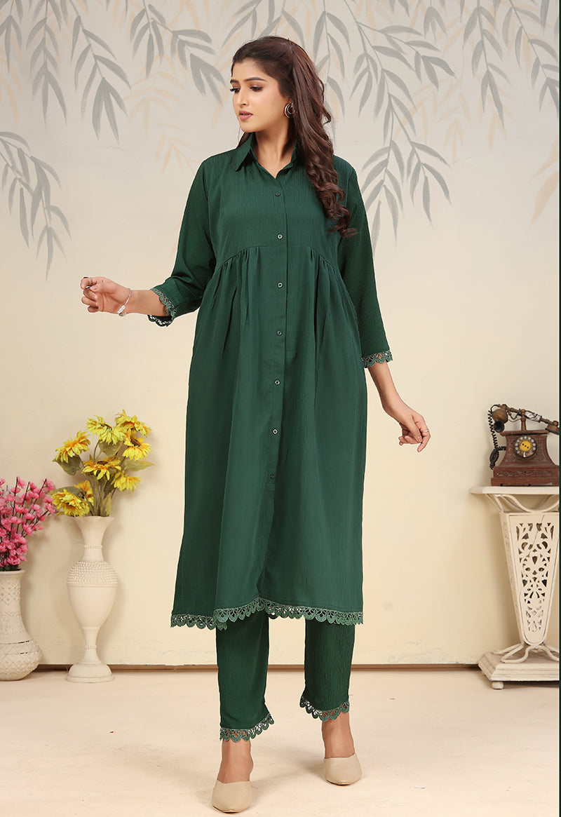 Monjolika Fashion Bottle Green Cotton Solid Festival Casual Kurti