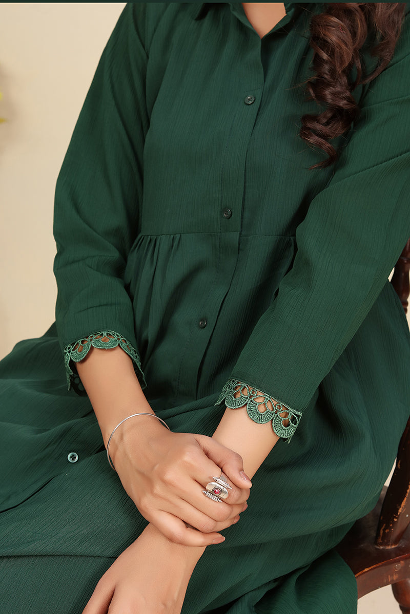 Monjolika Fashion Bottle Green Cotton Solid Festival Casual Kurti