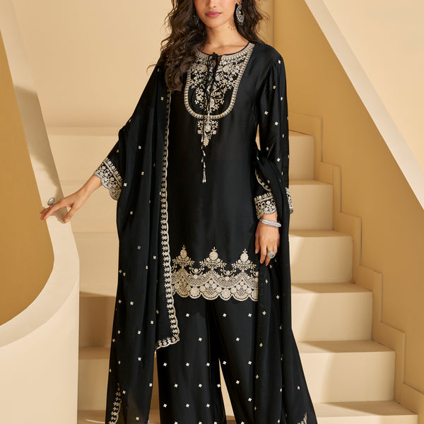 Evanik Black Chiffon with Embroidery Sequence, Thread Work Palazzo Set