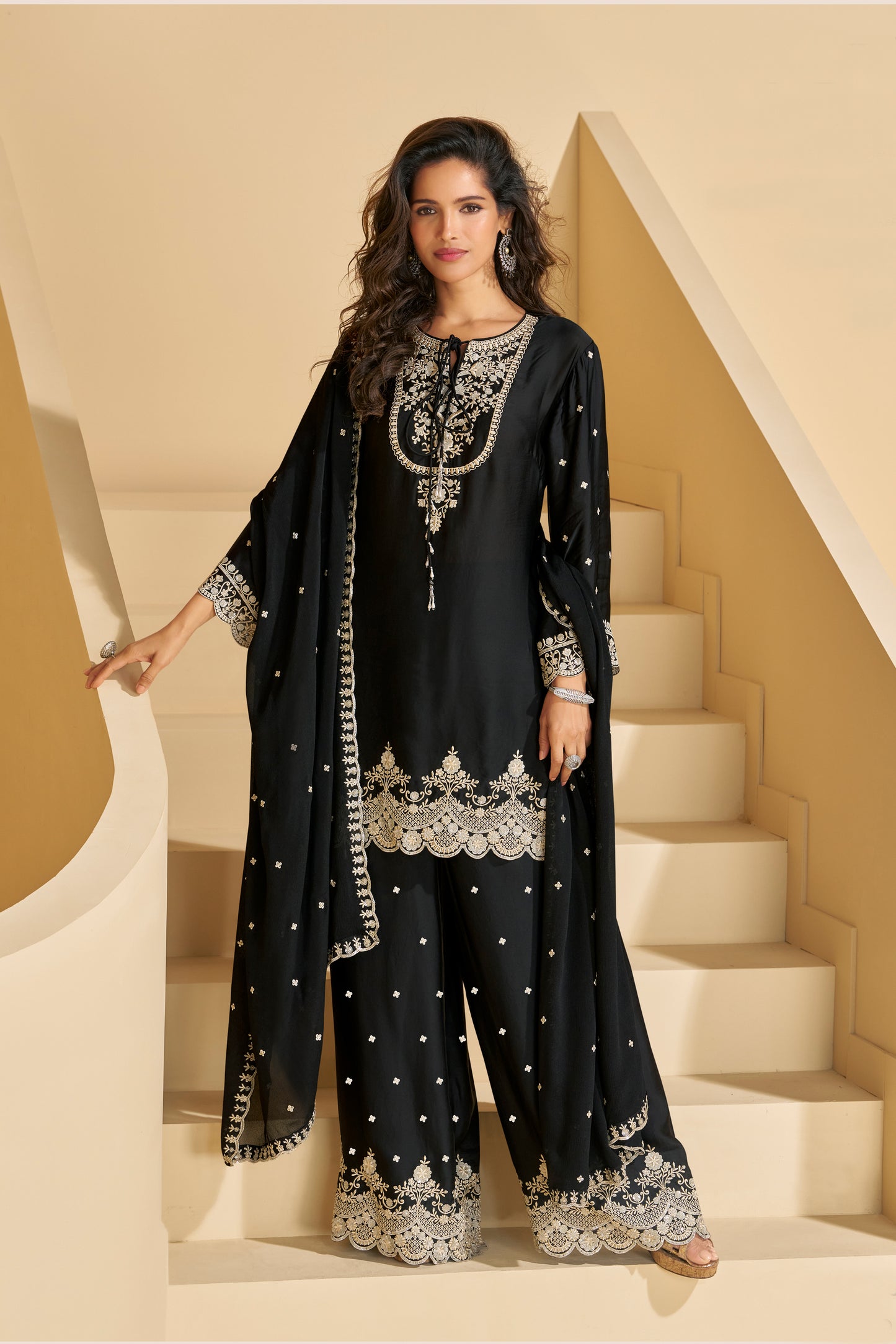 Evanik Black Chiffon with Embroidery Sequence, Thread Work Palazzo Set - Distacart