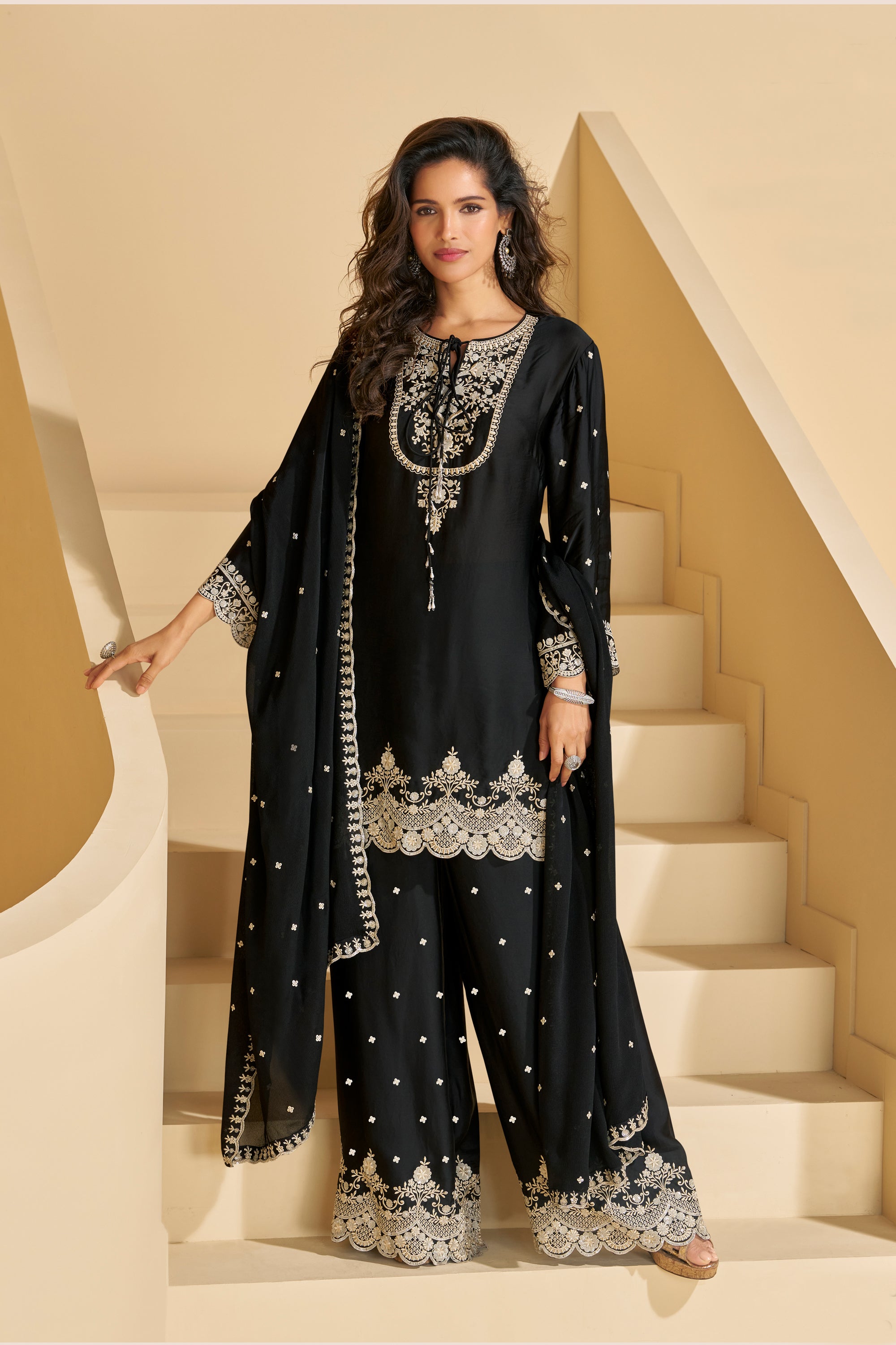Evanik Black Chiffon with Embroidery Sequence, Thread Work Palazzo Set - Distacart