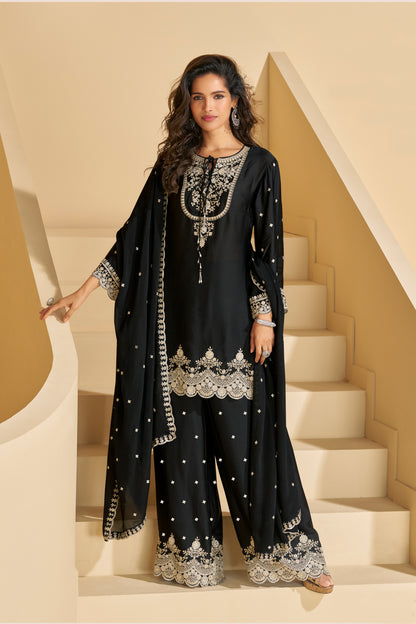 Evanik Black Chiffon with Embroidery Sequence, Thread Work Palazzo Set - Distacart