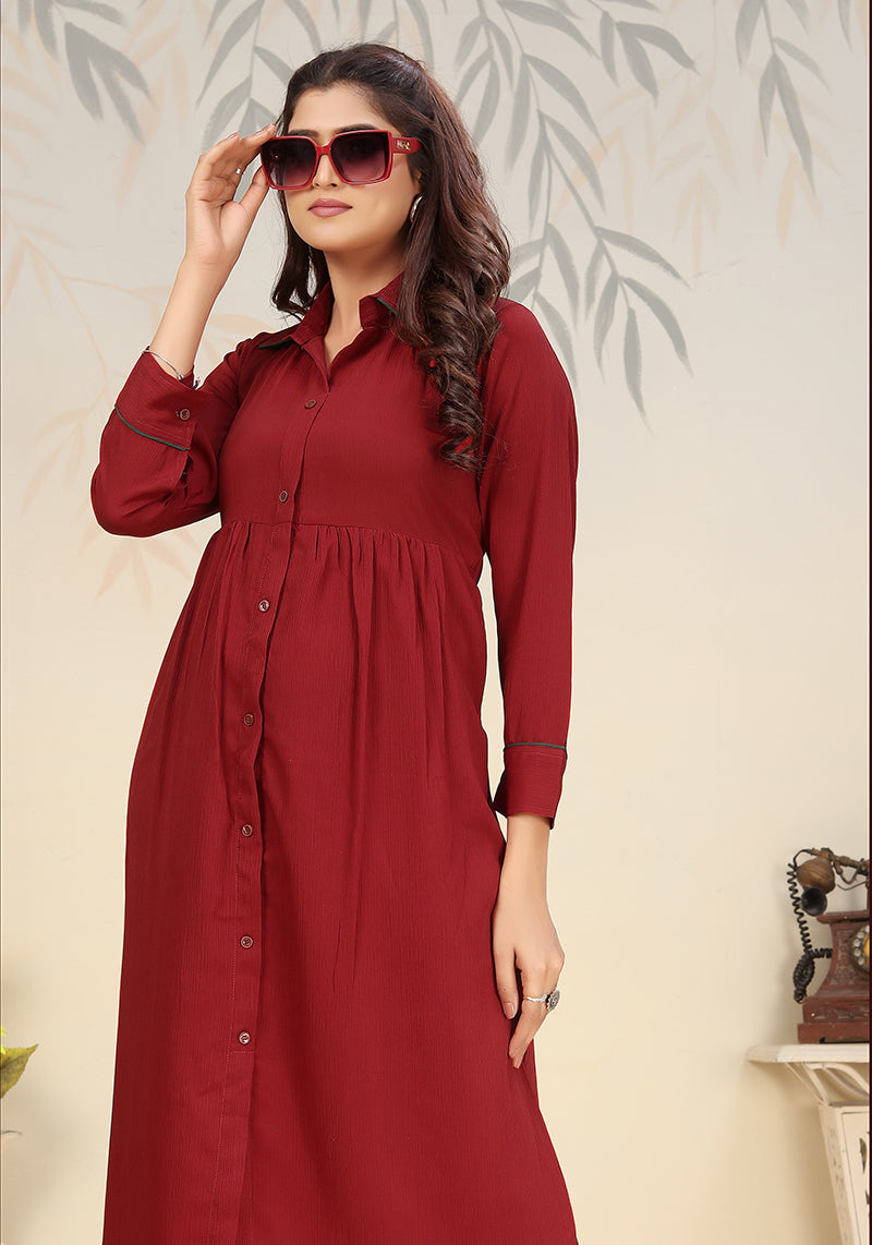 Monjolika Fashion Maroon Cotton Solid Festival Casual Kurti