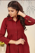 Thumbnail for Monjolika Fashion Maroon Cotton Solid Festival Casual Kurti