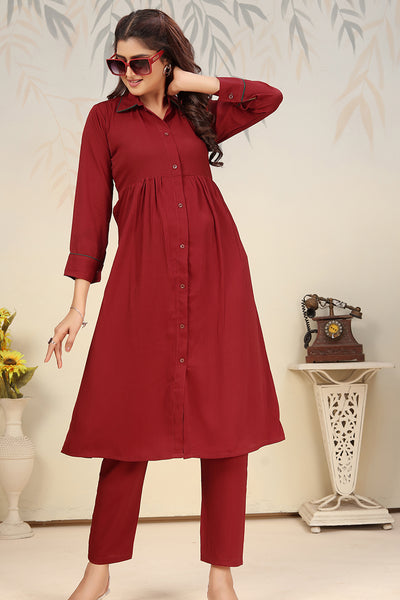 Monjolika Fashion Maroon Cotton Solid Festival Casual Kurti