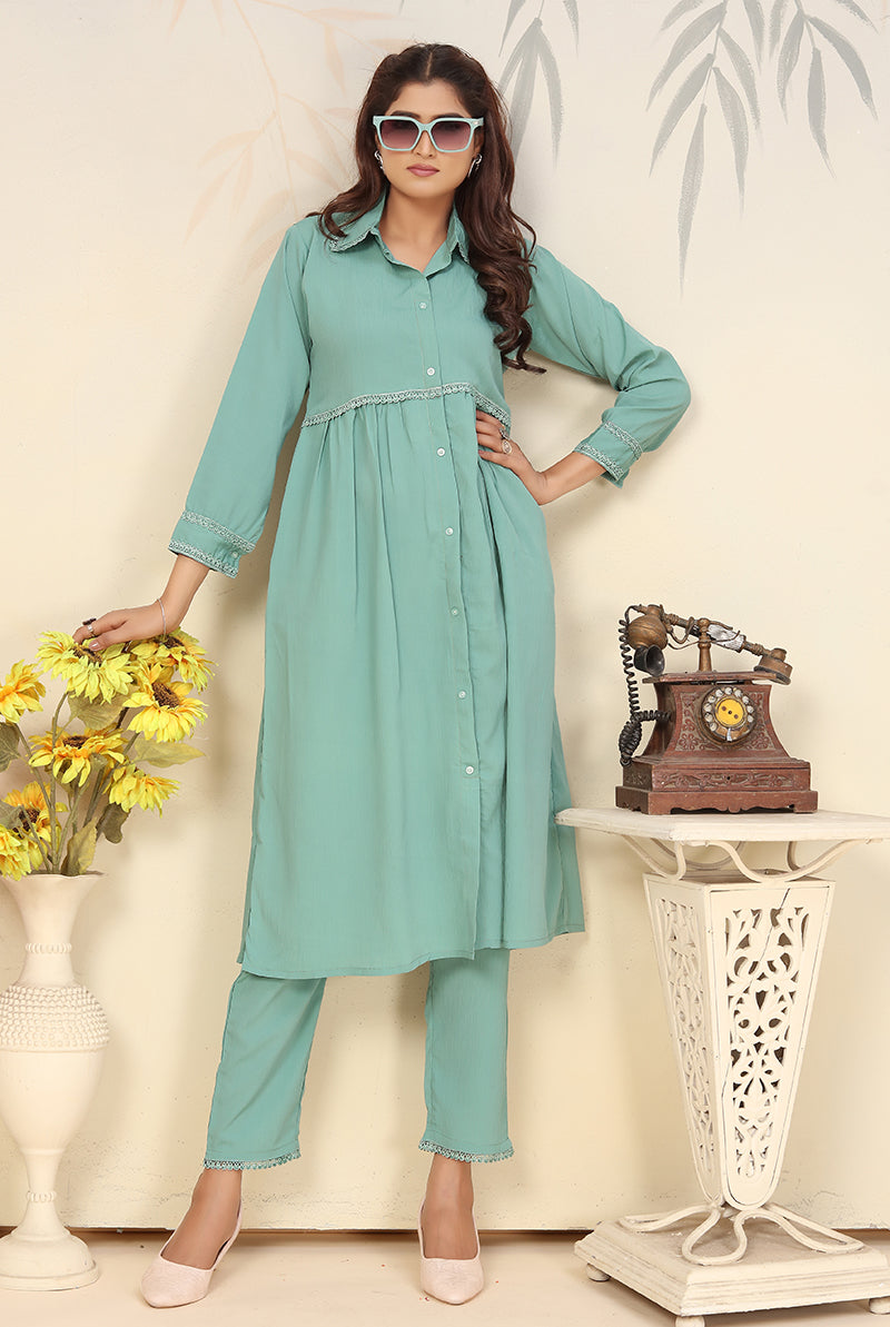Monjolika Fashion Light Cyan Cotton Solid Festival Casual Kurti