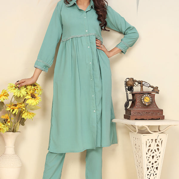 Monjolika Fashion Light Cyan Cotton Solid Festival Casual Kurti