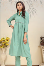 Thumbnail for Monjolika Fashion Light Cyan Cotton Solid Festival Casual Kurti
