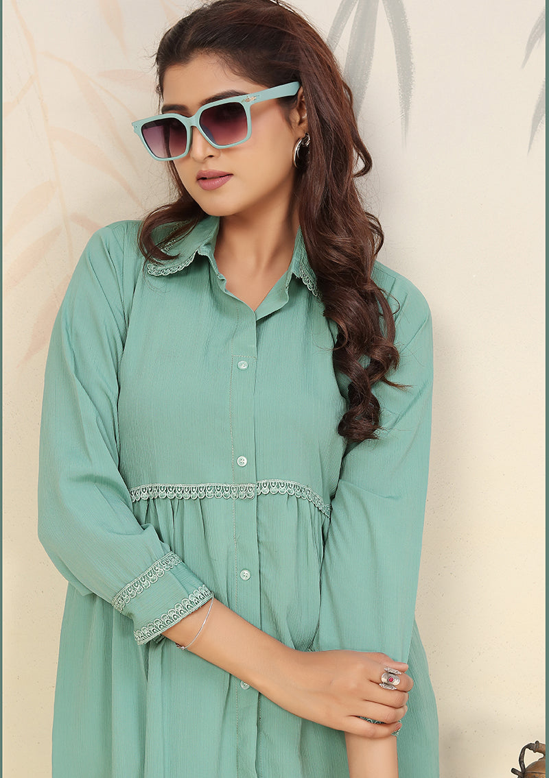 Monjolika Fashion Light Cyan Cotton Solid Festival Casual Kurti