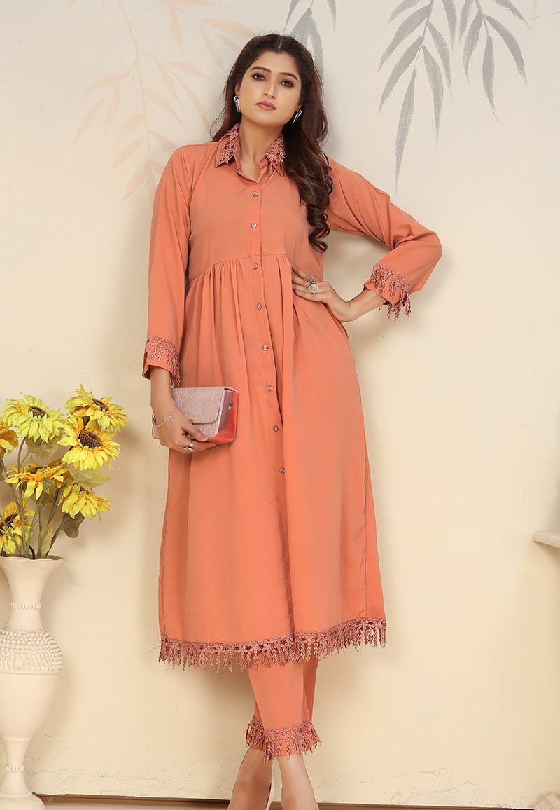 Monjolika Fashion Orange Cotton Solid Festival Casual Kurti