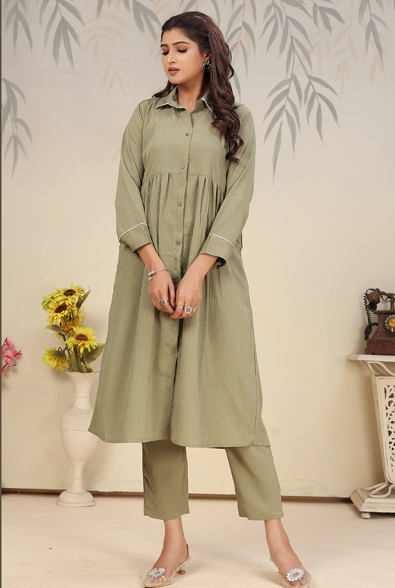 Monjolika Fashion Pista Green Cotton Solid Festival Casual Kurti