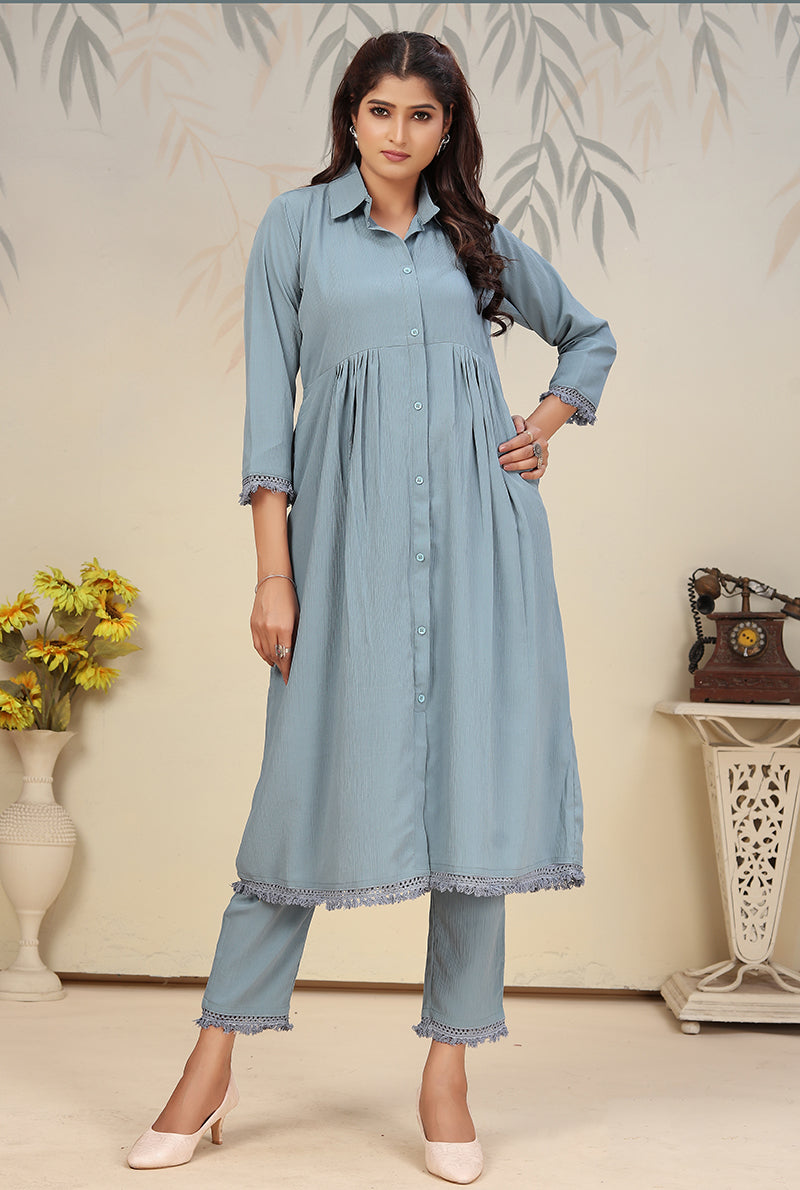 Monjolika Fashion Sky Blue Cotton Solid Festival Casual Kurti