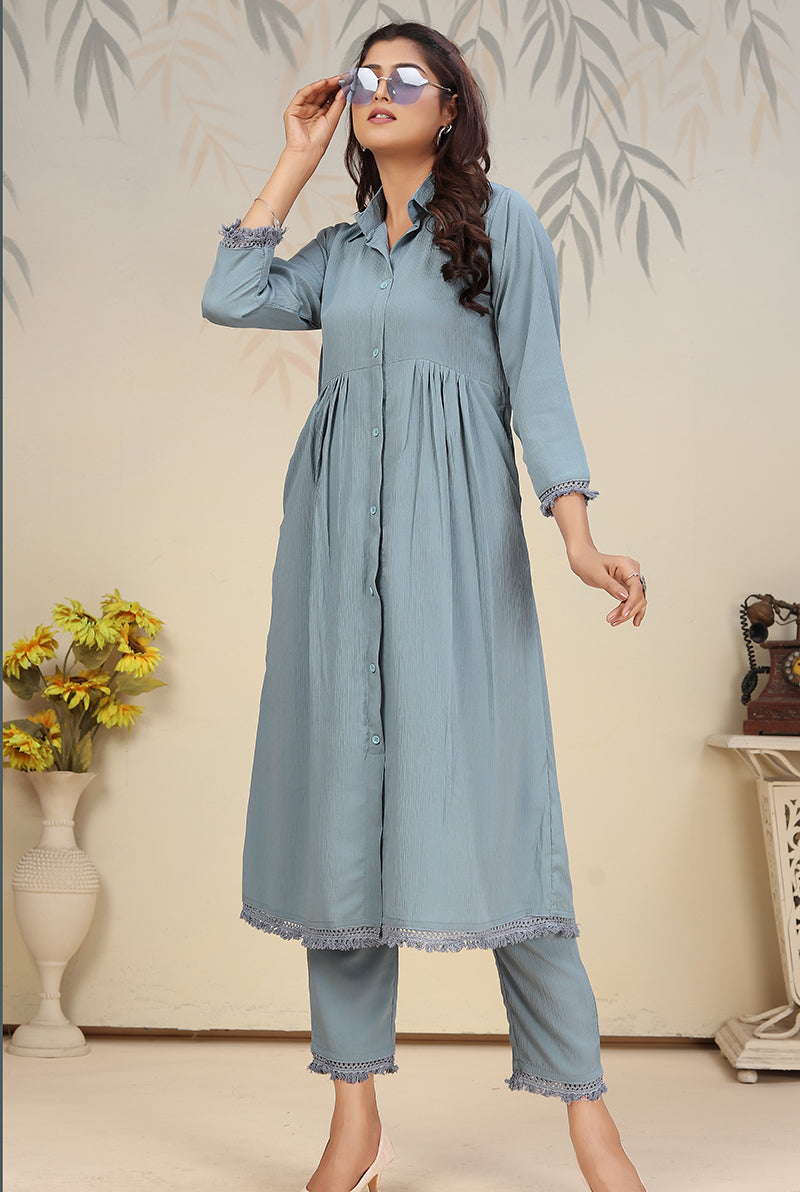 Monjolika Fashion Sky Blue Cotton Solid Festival Casual Kurti
