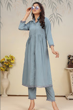 Thumbnail for Monjolika Fashion Sky Blue Cotton Solid Festival Casual Kurti