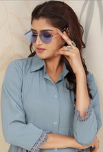 Thumbnail for Monjolika Fashion Sky Blue Cotton Solid Festival Casual Kurti