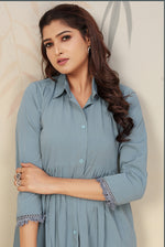 Thumbnail for Monjolika Fashion Sky Blue Cotton Solid Festival Casual Kurti