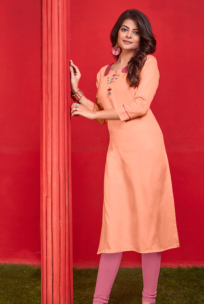 Monjolika Fashion Cotton Party Wear Kurti In Peach
