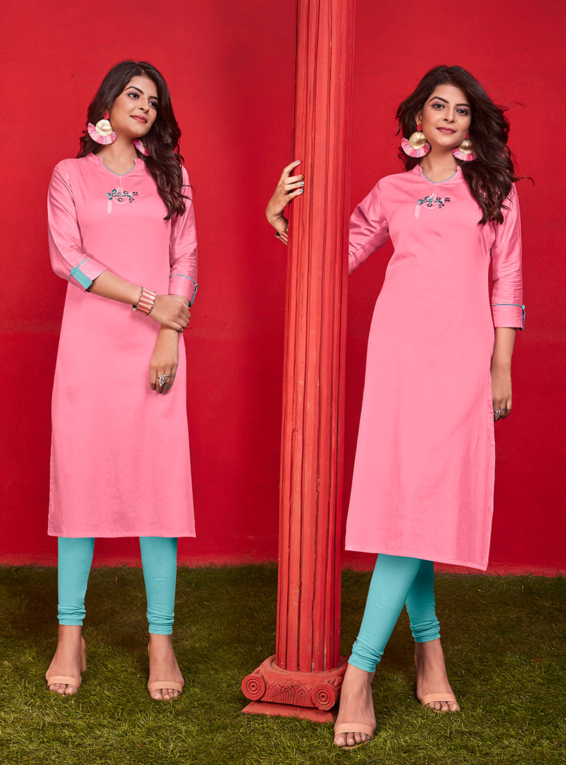 Monjolika Fashion Cotton Party Wear Kurti In Pink