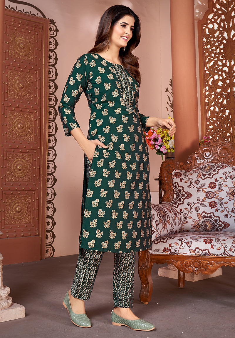 Monjolika Fashion Silk Embroidered Dark Green Designer Kurti