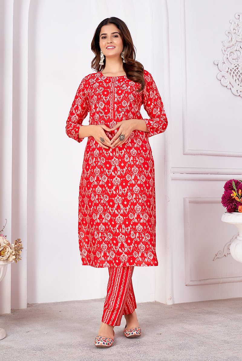 Monjolika Fashion Silk Print Casual Kurti In Red