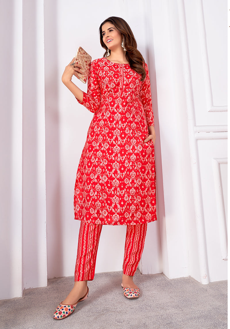 Monjolika Fashion Silk Print Casual Kurti In Red