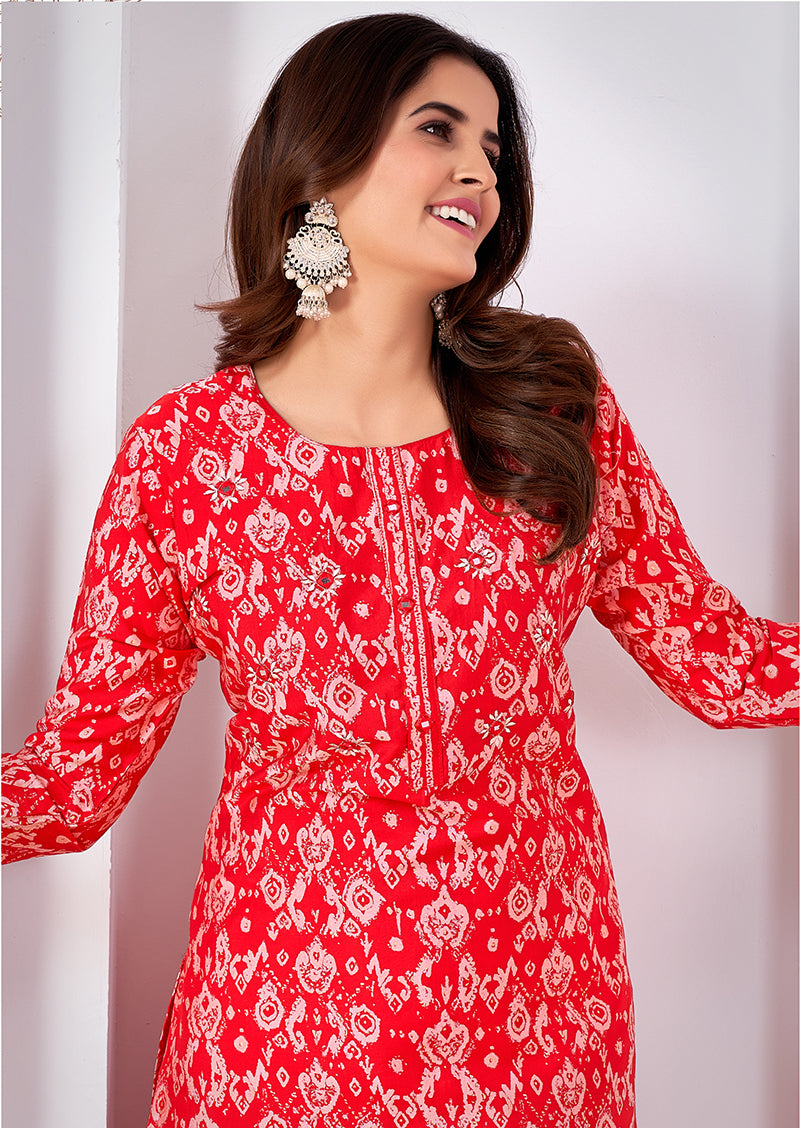 Monjolika Fashion Silk Print Casual Kurti In Red