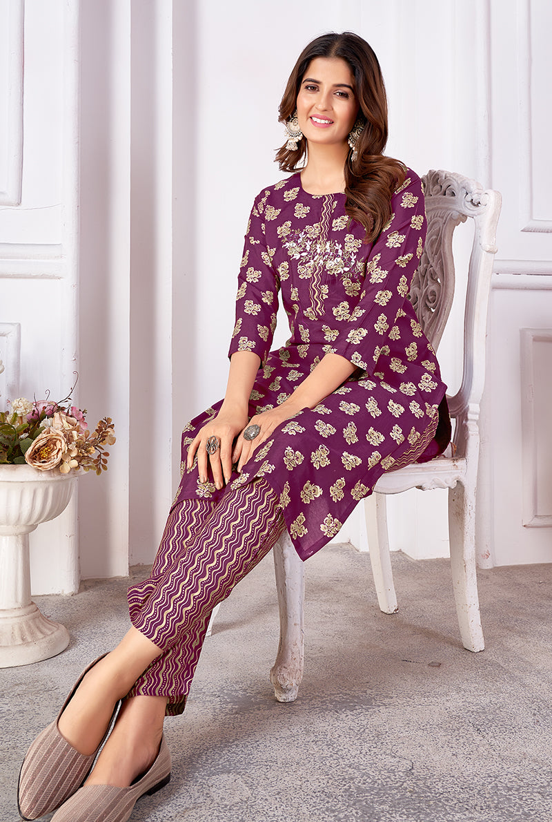 Monjolika Fashion Silk Embroidered Purple Designer Kurti