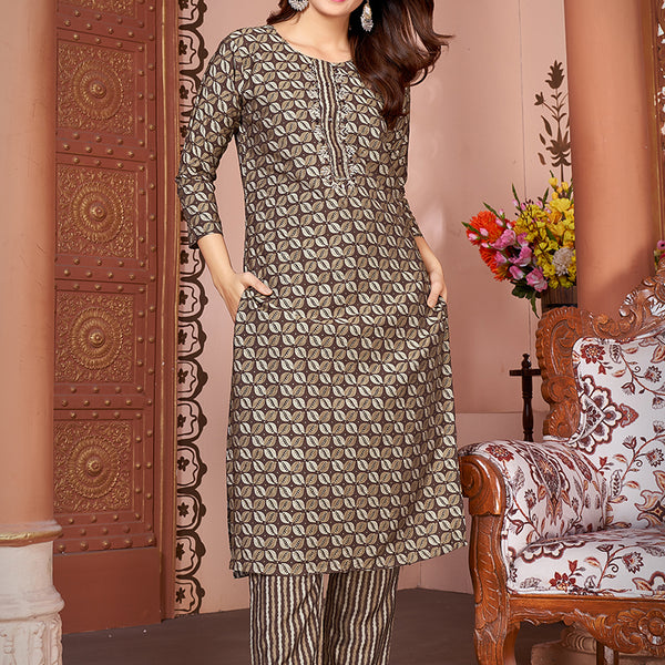 Monjolika Fashion Silk Embroidered Brown Designer Kurti