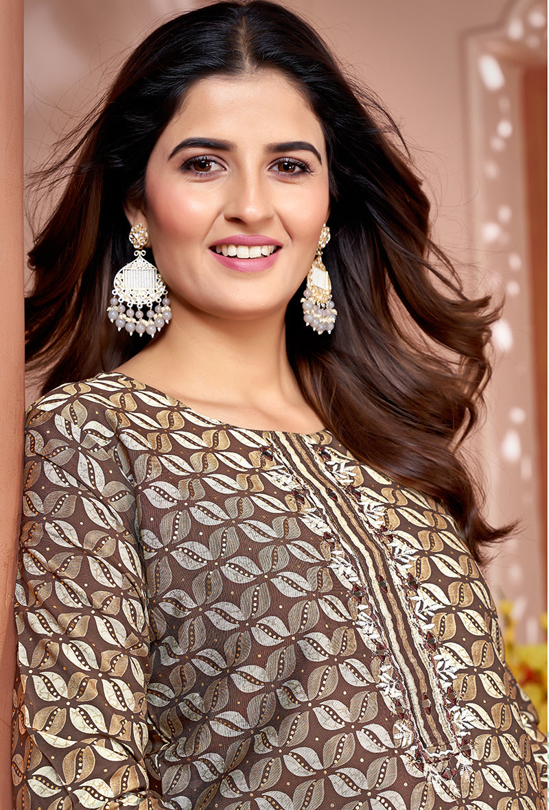 Monjolika Fashion Silk Embroidered Brown Designer Kurti