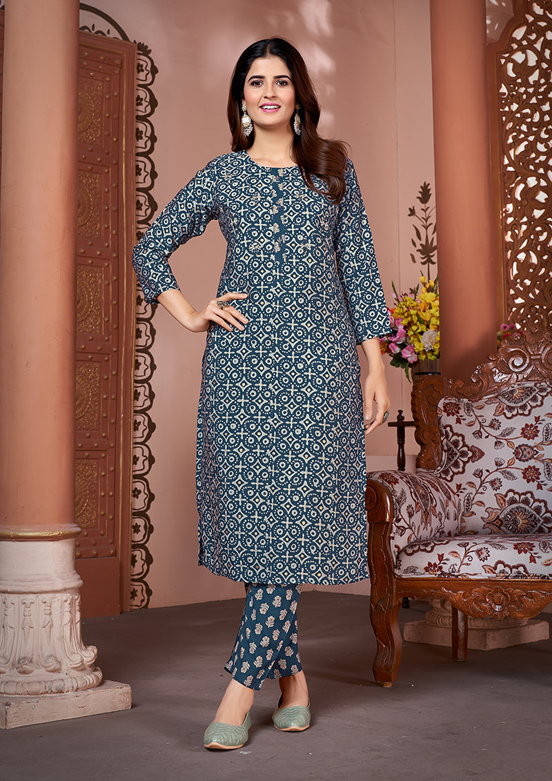 Monjolika Fashion Silk Embroidered Teal Designer Kurti