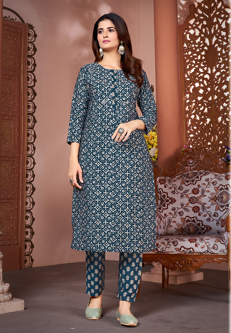 Monjolika Fashion Silk Embroidered Teal Designer Kurti