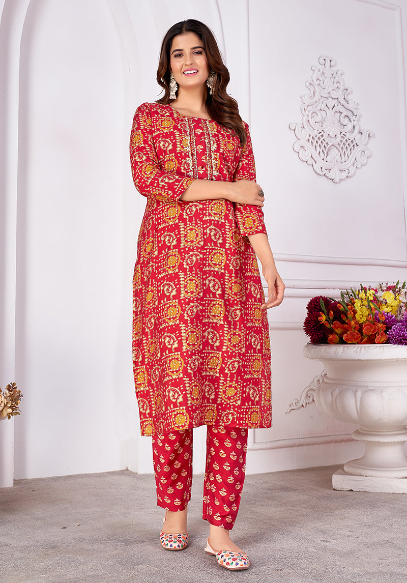 Monjolika Fashion Silk Embroidered Red Designer Kurti