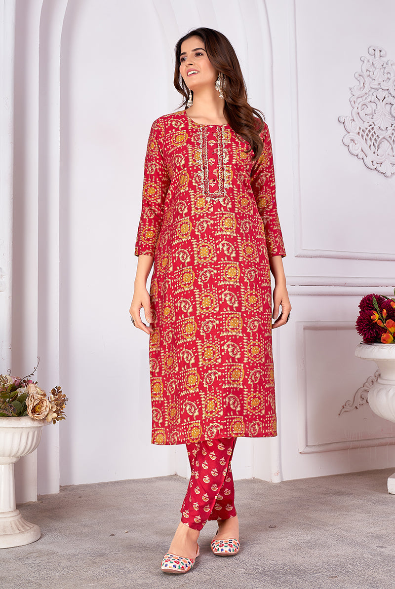 Monjolika Fashion Silk Embroidered Red Designer Kurti