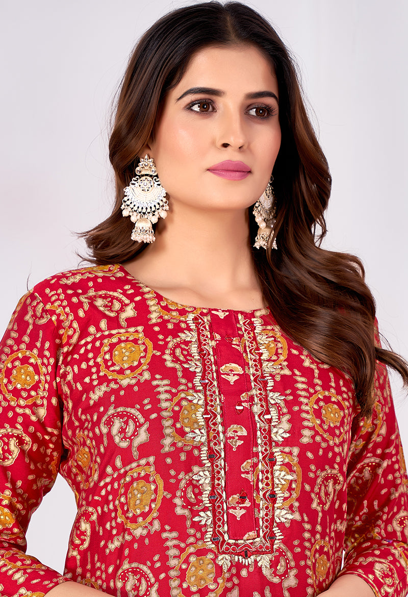 Monjolika Fashion Silk Embroidered Red Designer Kurti