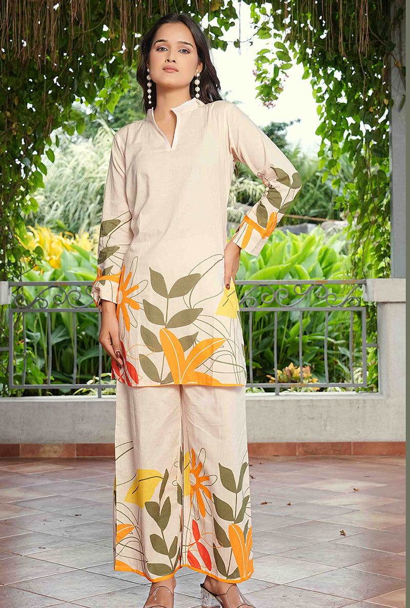 Monjolika Fashion Elegant Cream Floral Printed Cotton Co-Ord Set For Women