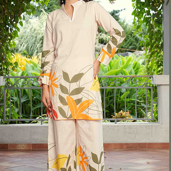 Monjolika Fashion Elegant Cream Floral Printed Cotton Co-Ord Set For Women