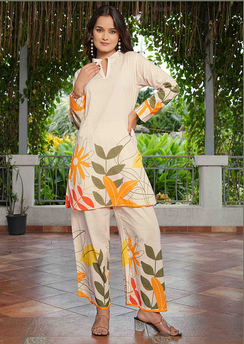 Monjolika Fashion Elegant Cream Floral Printed Cotton Co-Ord Set For Women